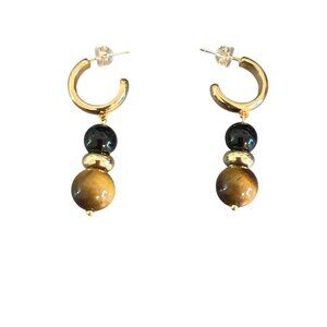 Vintage Gold Tone Tigers Eye Black Onyx Beaded Hoop Earrings Huggies Estate 1.5"